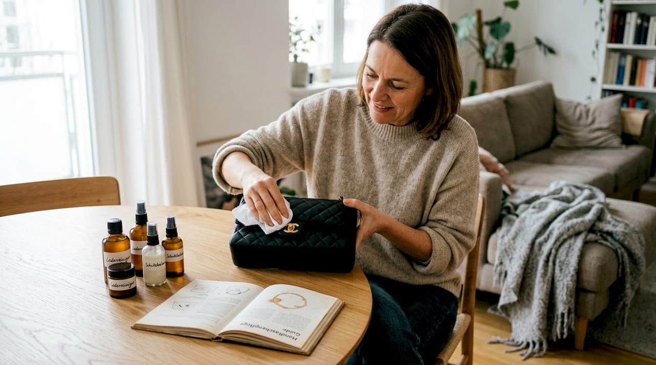 Eine Frau pflegt ihre Chanel Classic Flap sorgfältig zu Hause.