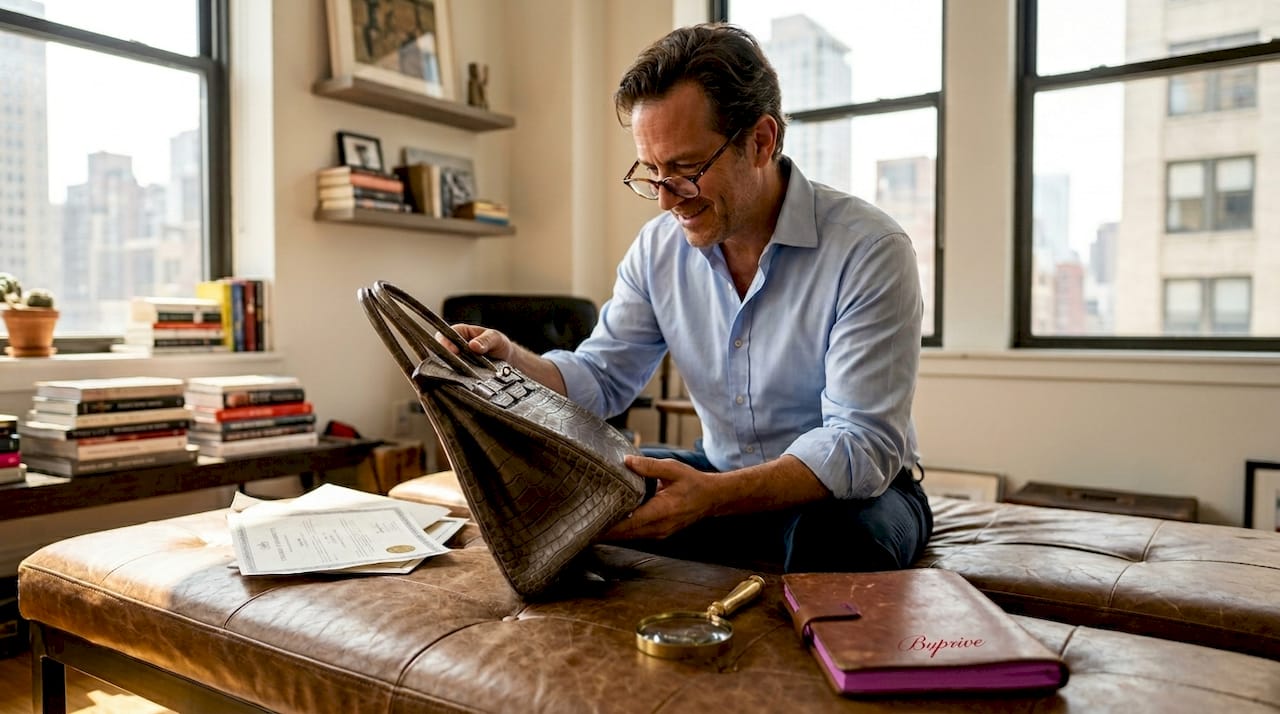 Collector inspecting luxury designer investment