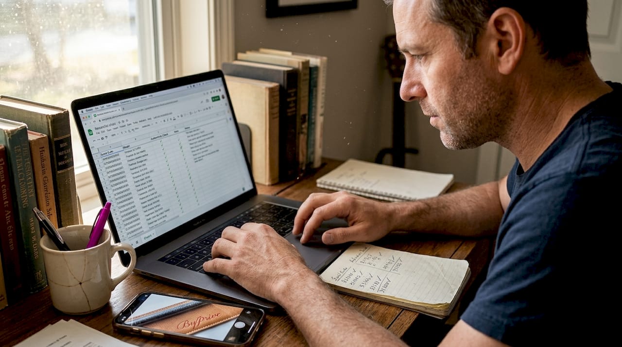 Man researching designer accessory details in home office