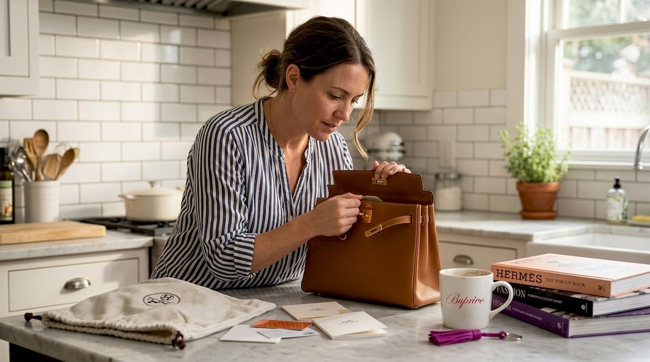 Collector examining vintage Hermès handbag at kitchen island