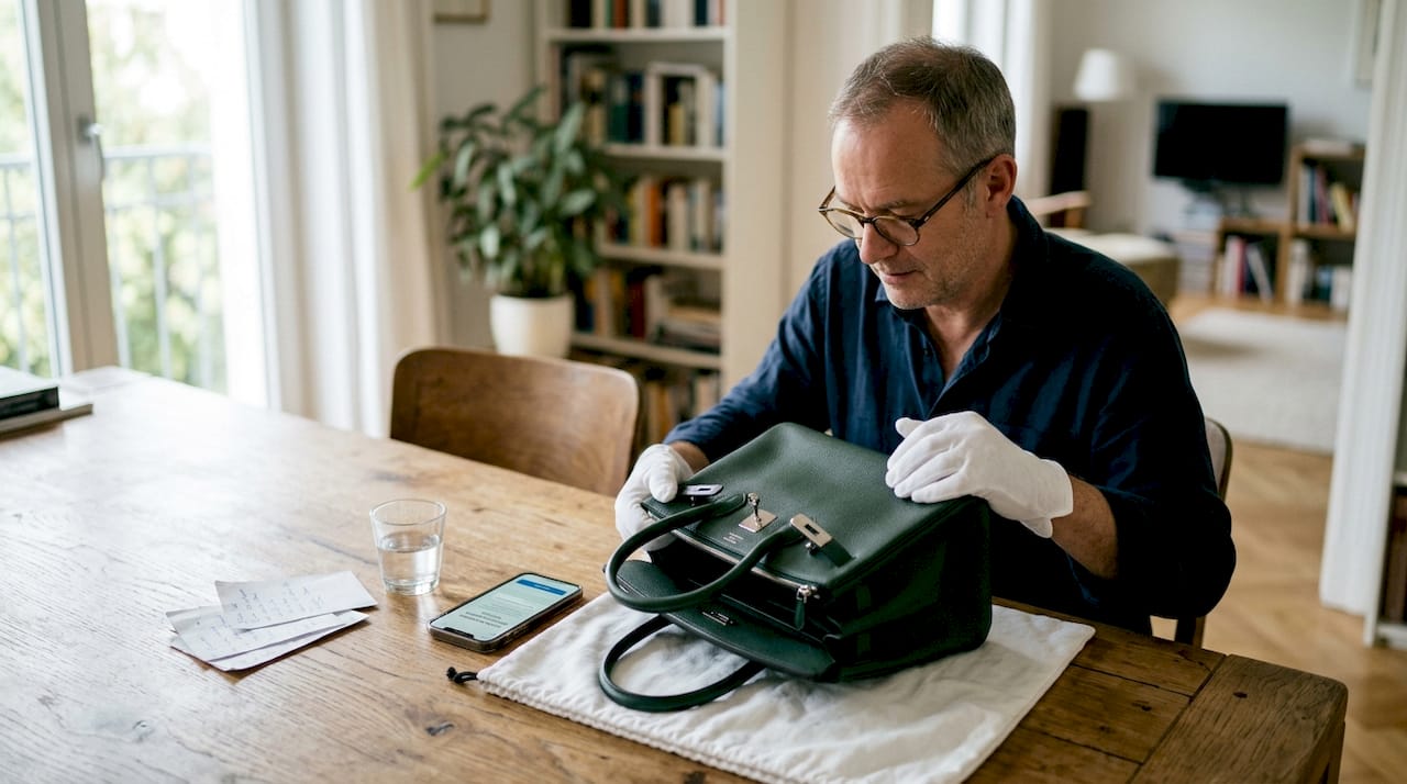 Ein Sammler begutachtet den Zustand einer limitierten Designer-Handtasche.