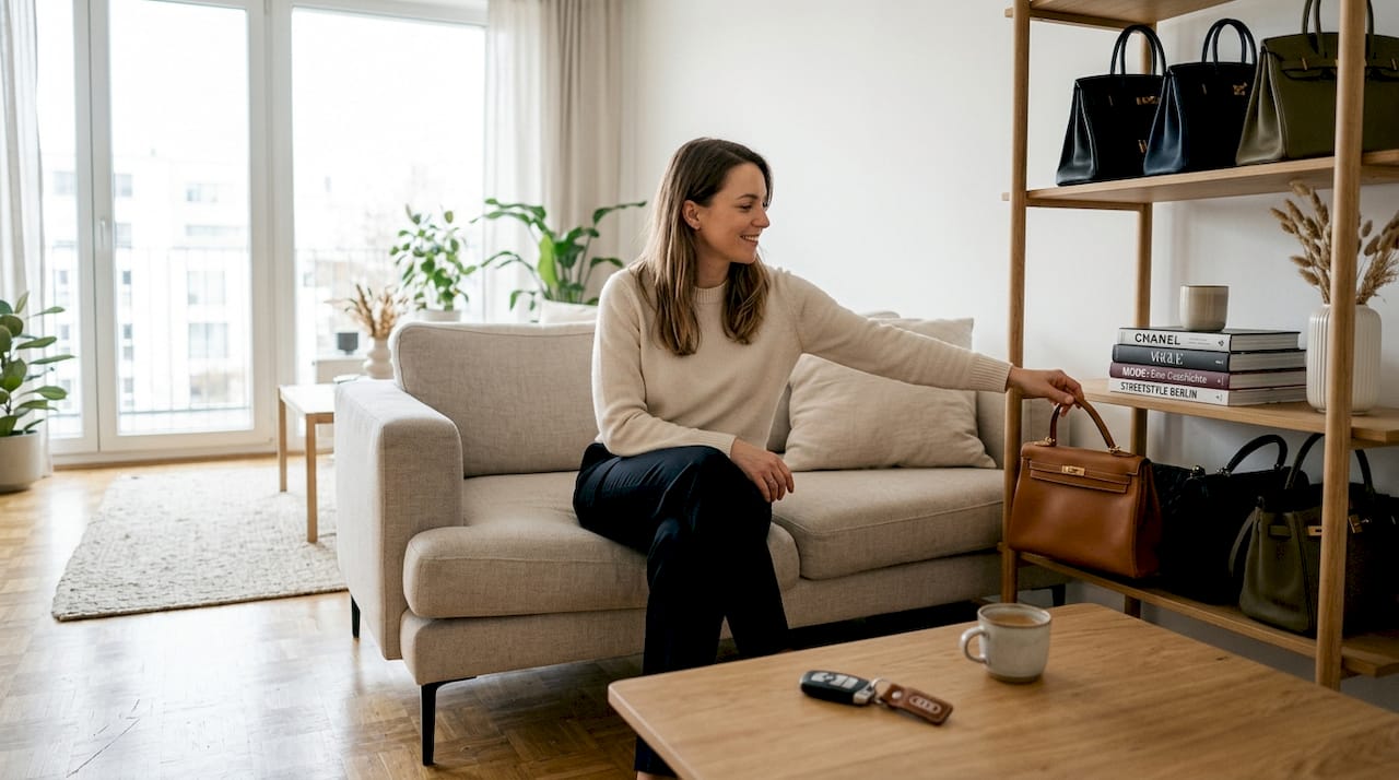 Eine Sammlerin greift im Geschäft gezielt zu einer Designer-Handtasche im Regal.