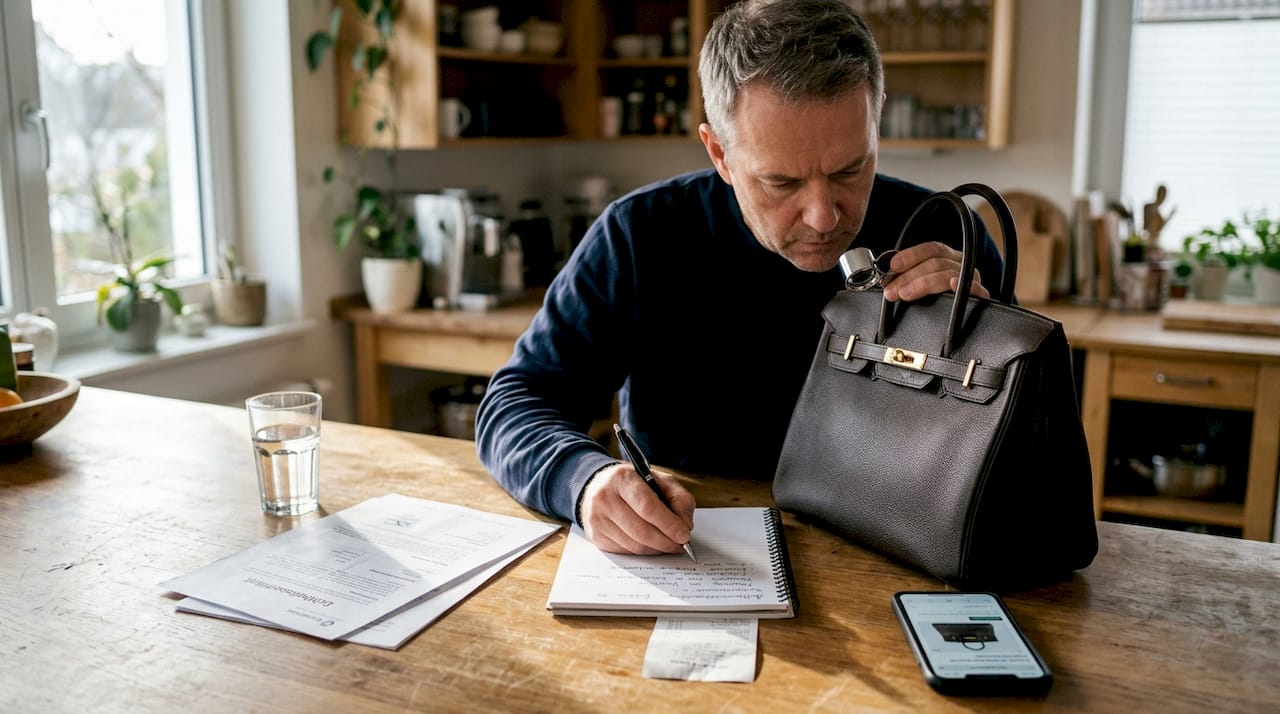 Ein Mann prüft, ob die Handtasche echt ist.