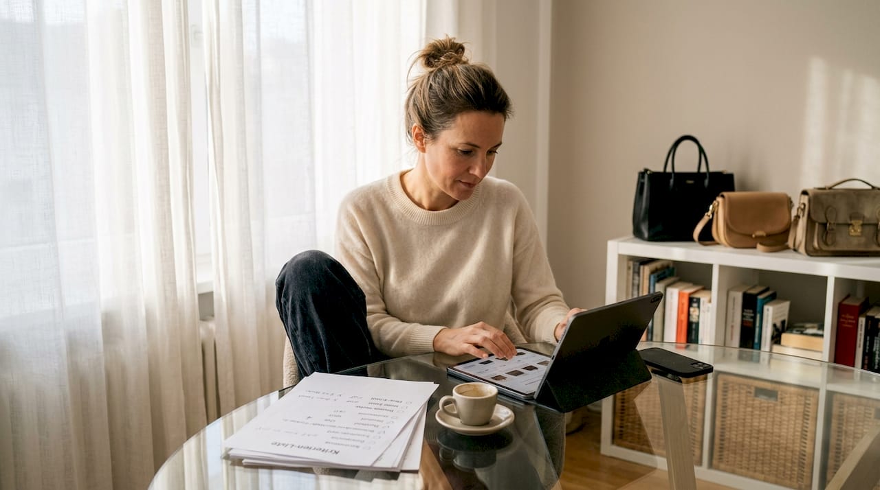 Eine Frau stöbert entspannt von zu Hause aus durch exklusive Handtaschen und lässt sich von edlen Designs inspirieren.