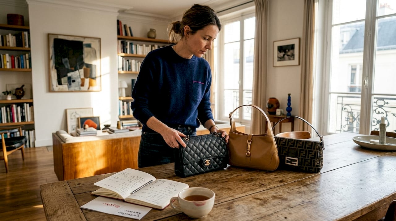 Collector inspecting three iconic handbags