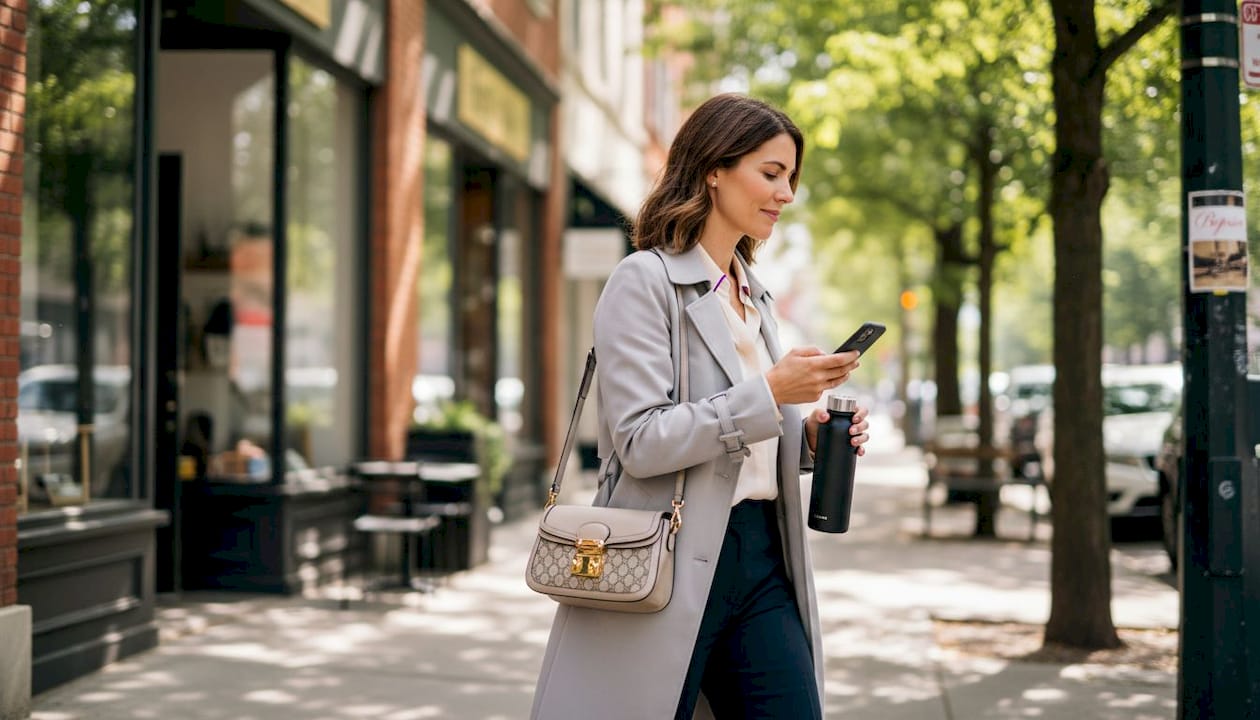 Woman using Gucci Jackie bag on city street