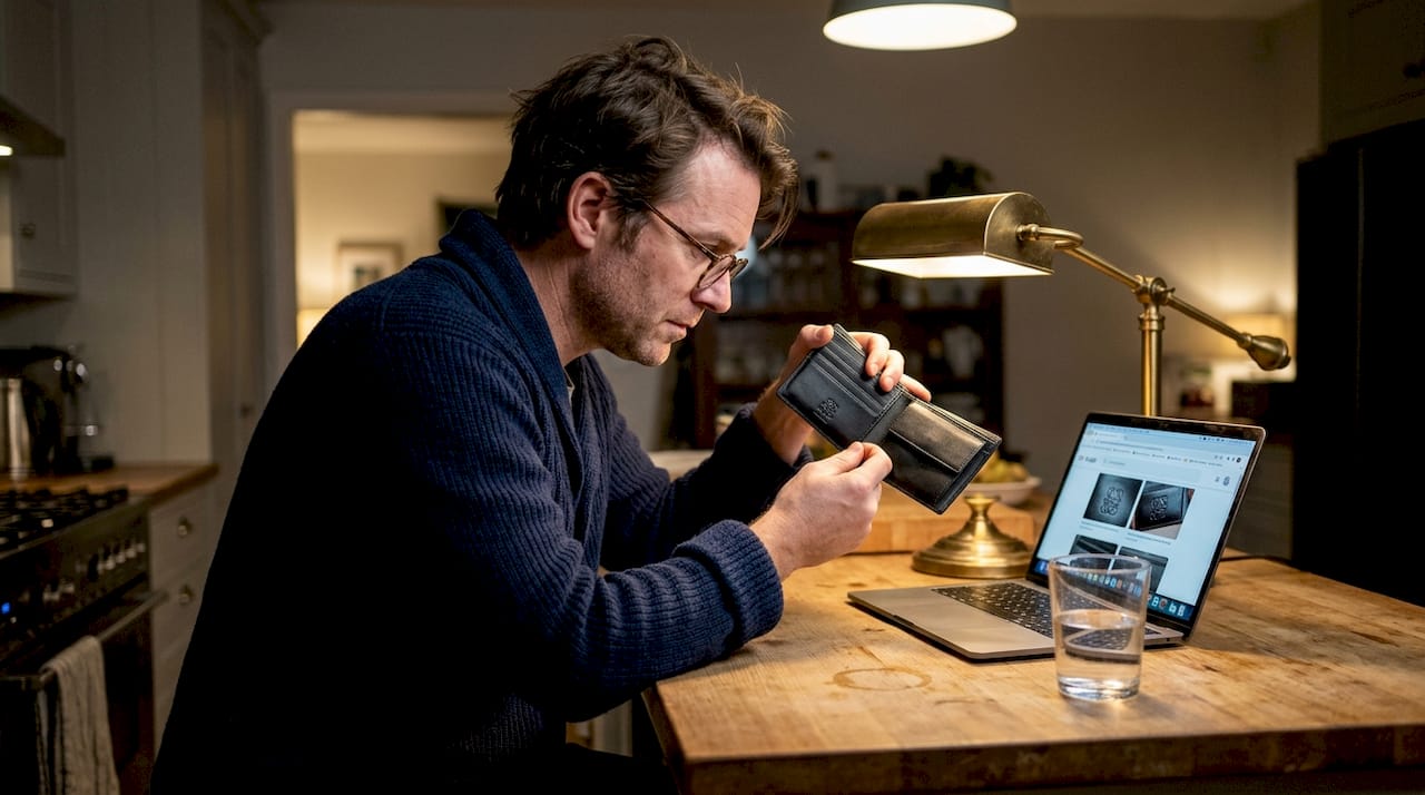 Das Markenlogo im Inneren einer Designer-Geldbörse genau unter die Lupe nehmen