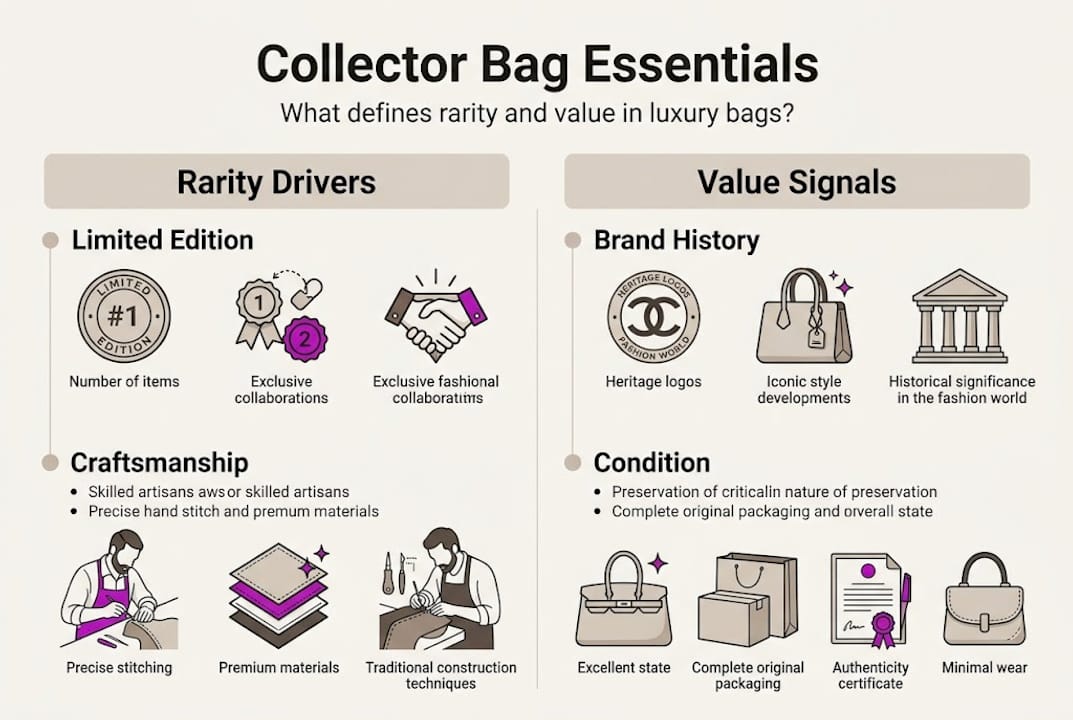 Infographic on rarity and value of collector bags