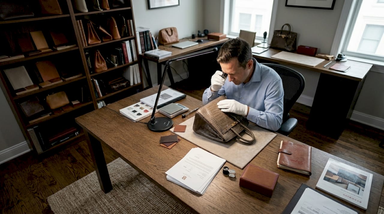 Appraiser checking rare designer handbag authenticity