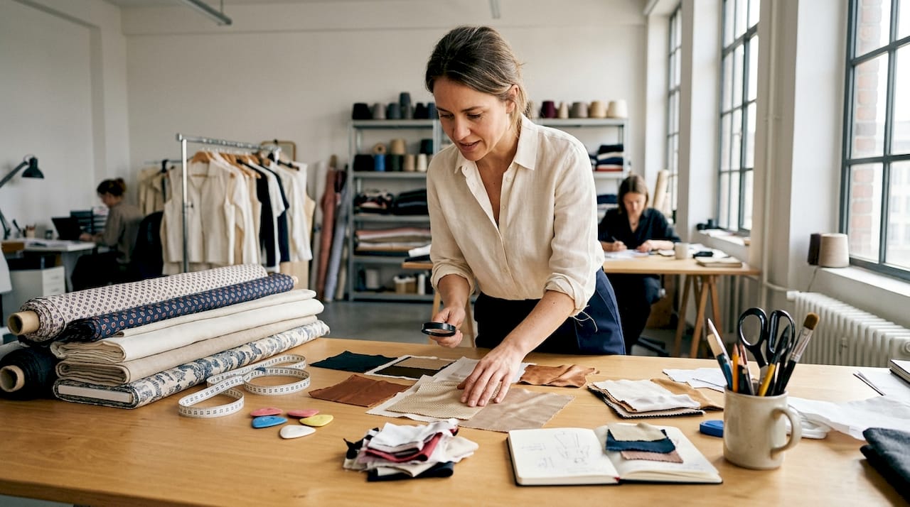 Ein Designer begutachtet edle Stoffe in seinem Atelier.