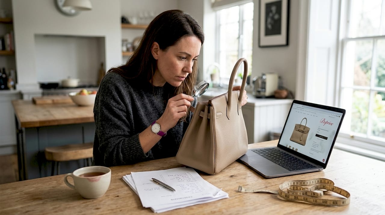 Woman examining designer bag with checklist
