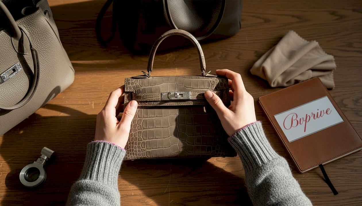 Hands inspecting designer bag hardware and leather
