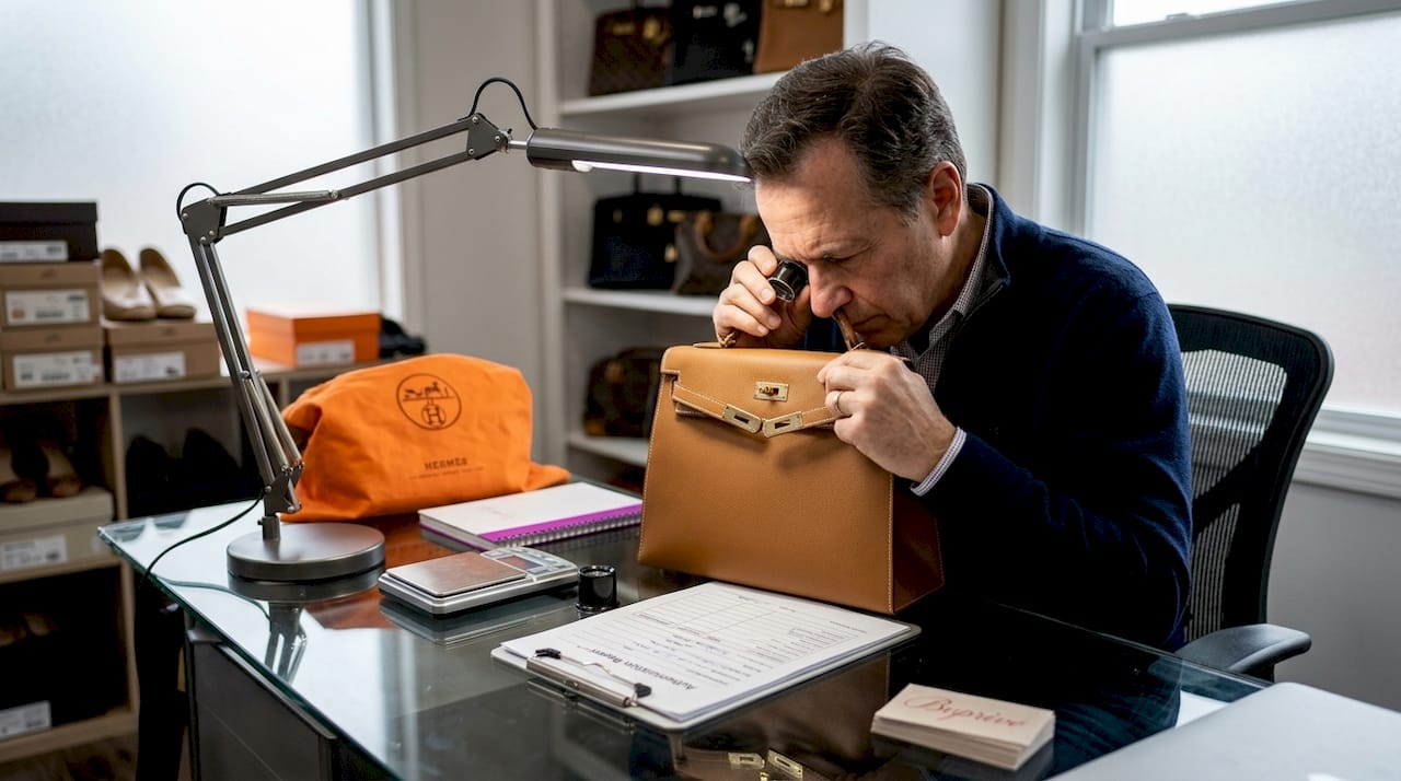 Expert appraising Hermès Kelly bag in office