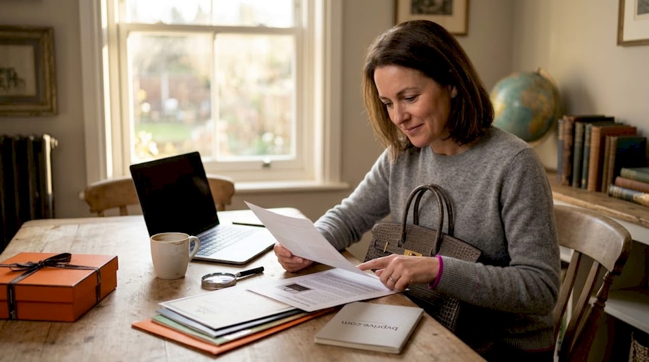 Woman authenticating Hermès bag with documents