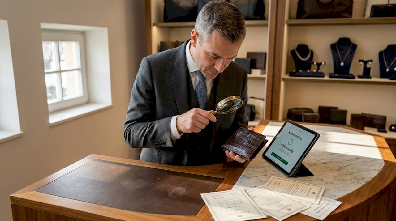 Ein Mitarbeiter begutachtet ein Luxusaccessoire im Showroom.