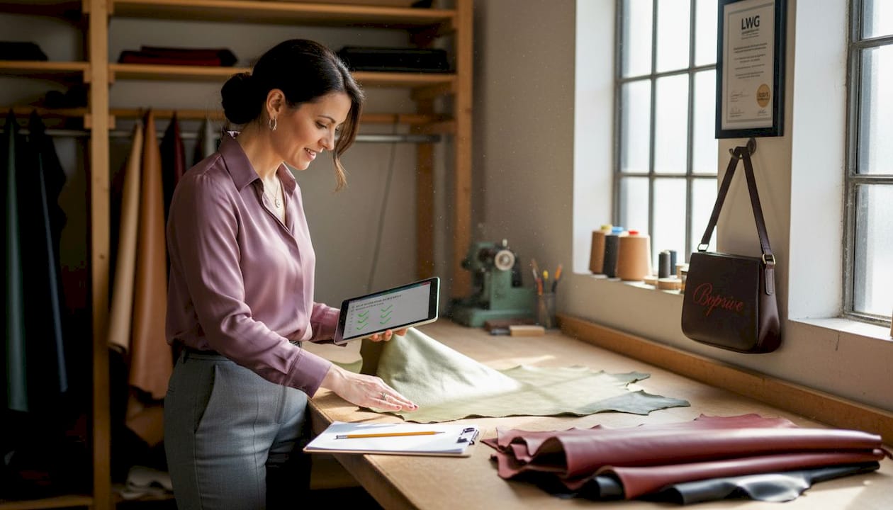 Inspector validating leather in certified workshop