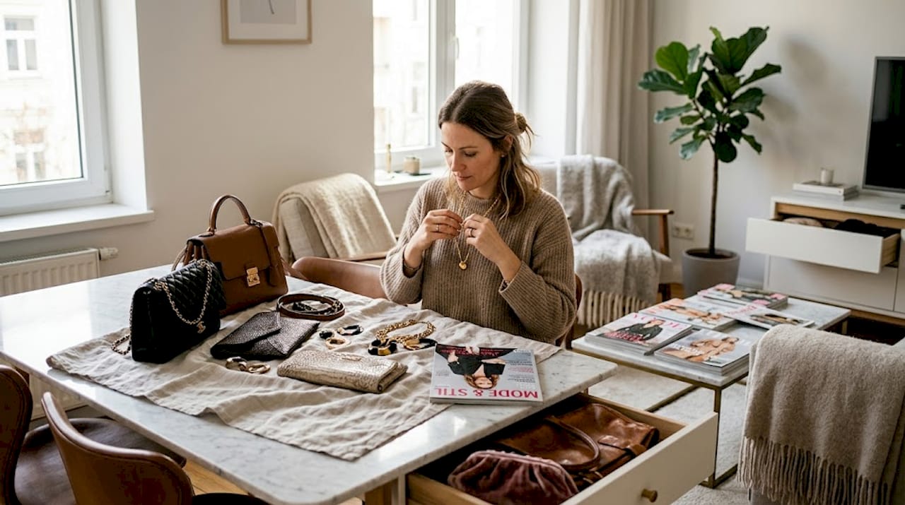 Eine Stylistin präsentiert die aktuellen Luxus-Accessoires für das Jahr 2026 und sorgt für ein perfektes Arrangement.