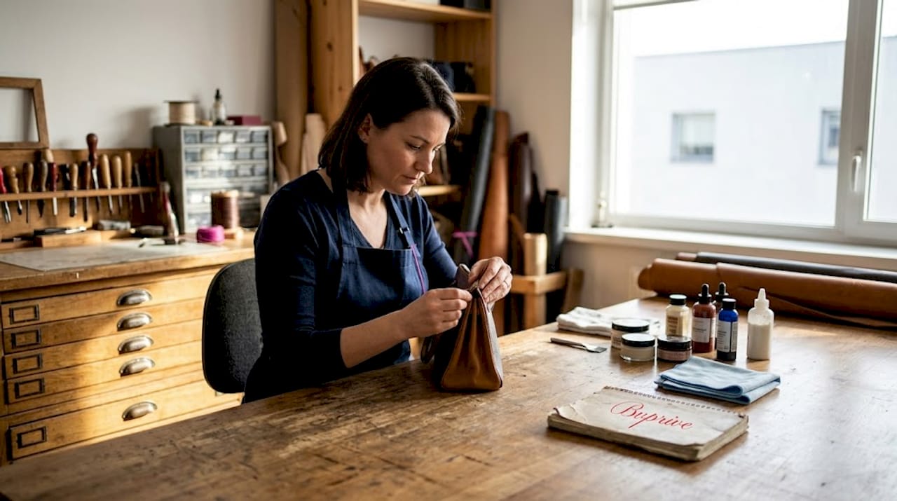 Specialist restores luxury leather handbag at bench
