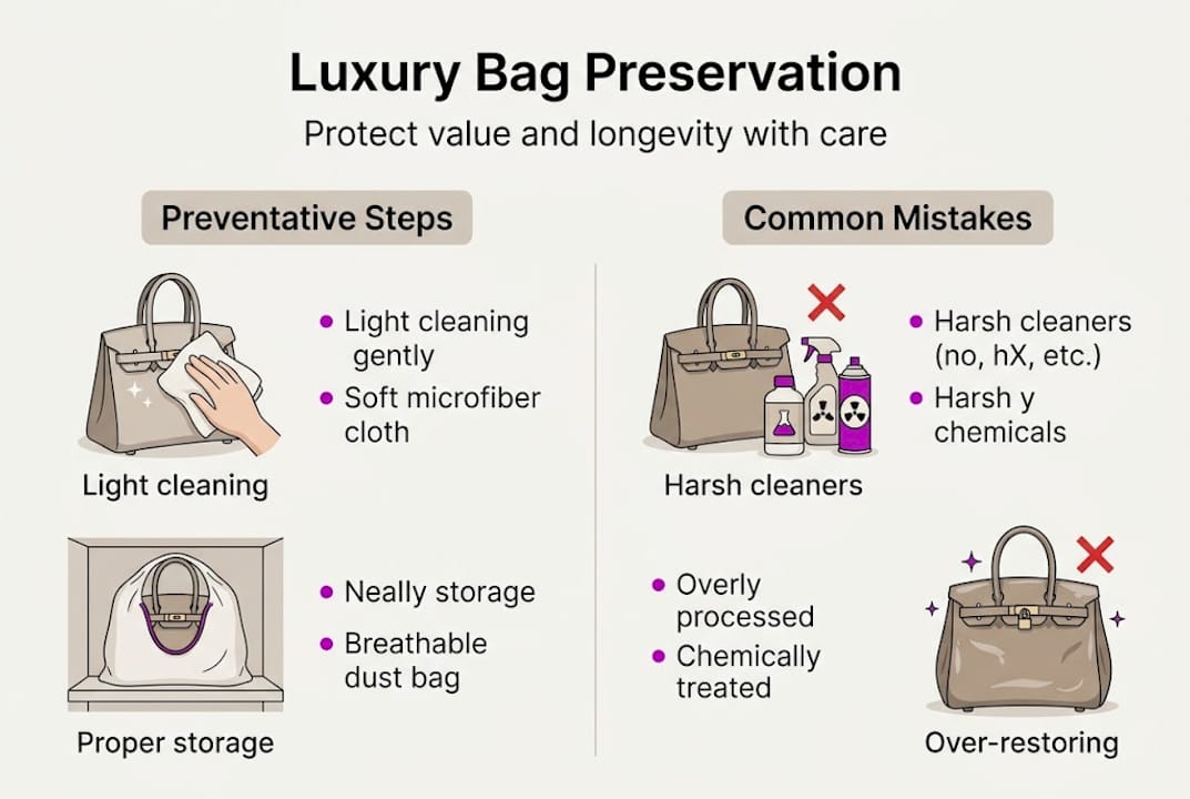 Infographic showing luxury handbag care tips