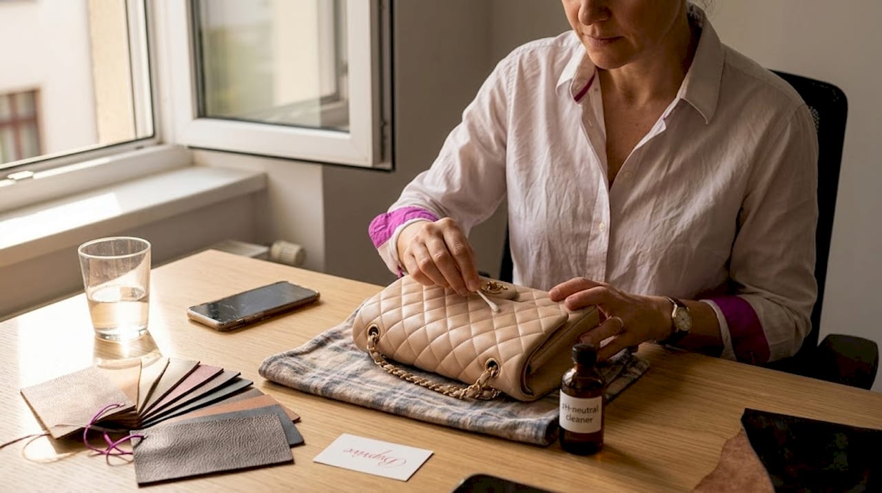 Technician restores lambskin Chanel bag with care
