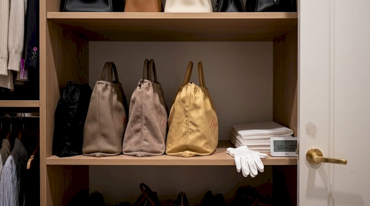 Storing neutral luxury handbags in closet
