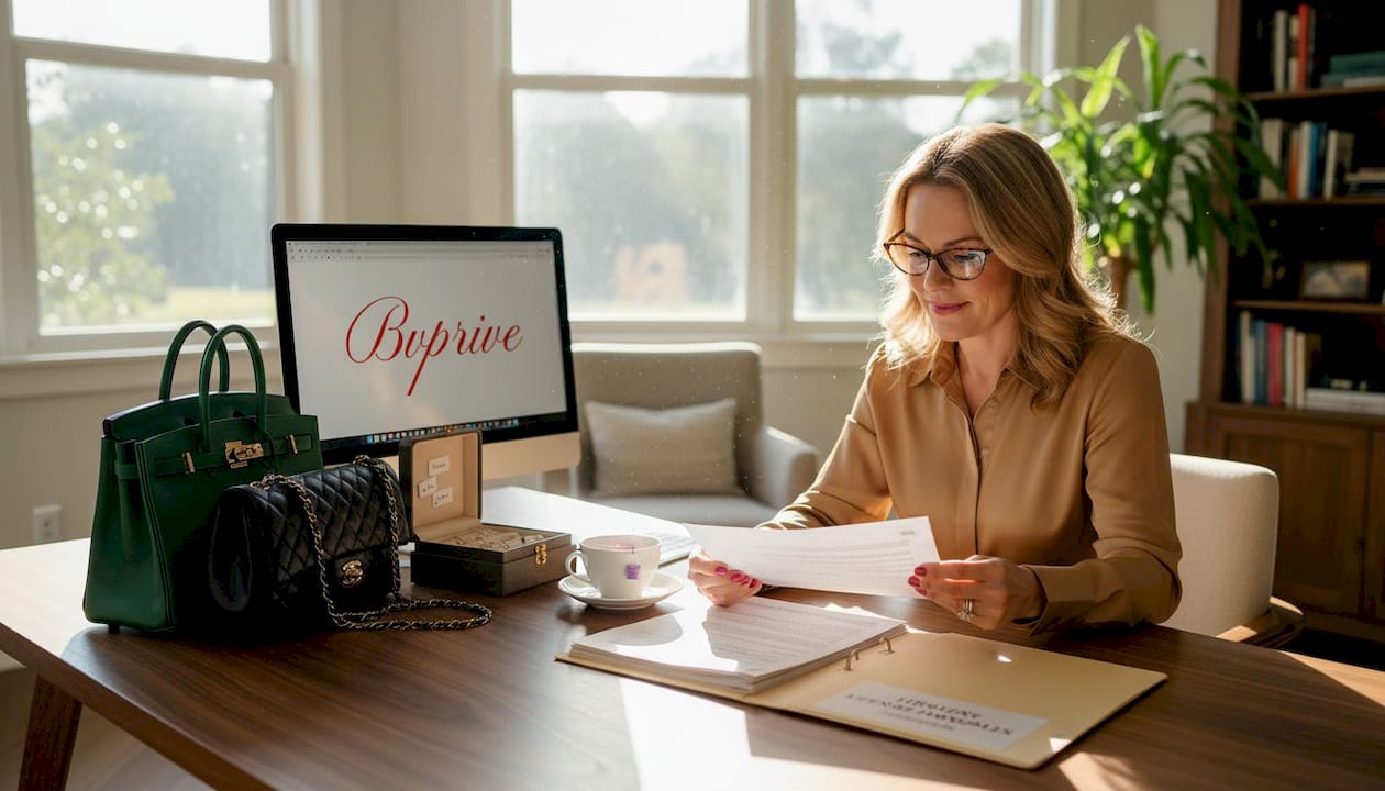 Collector reviewing luxury handbags and documents