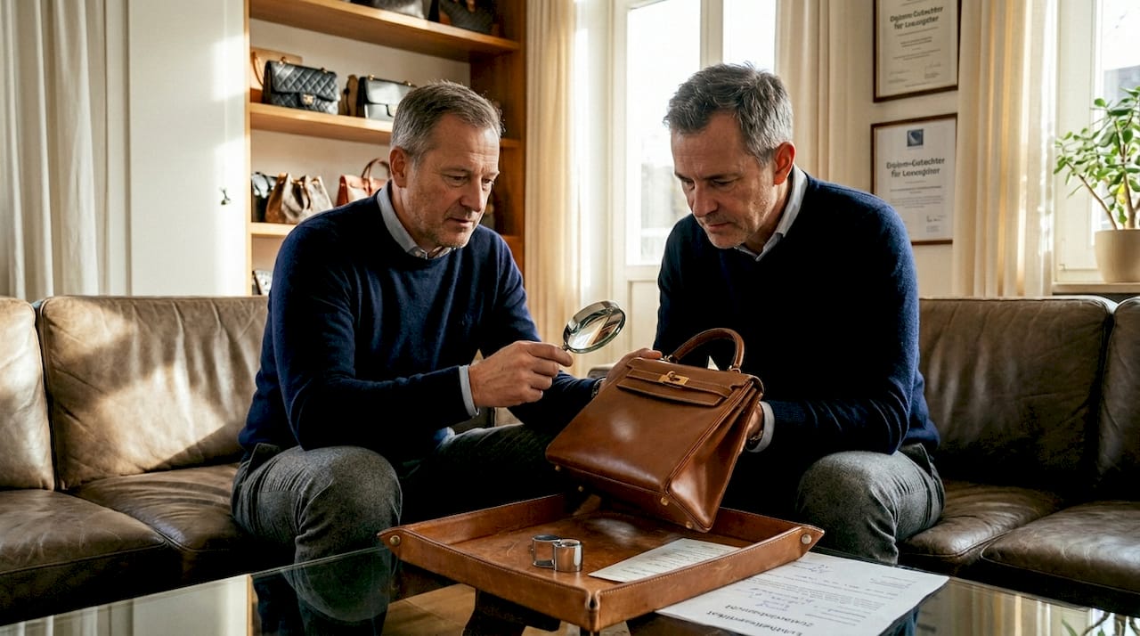 Ein Sammler begutachtet seine Luxus-Handtasche in den eigenen vier Wänden.