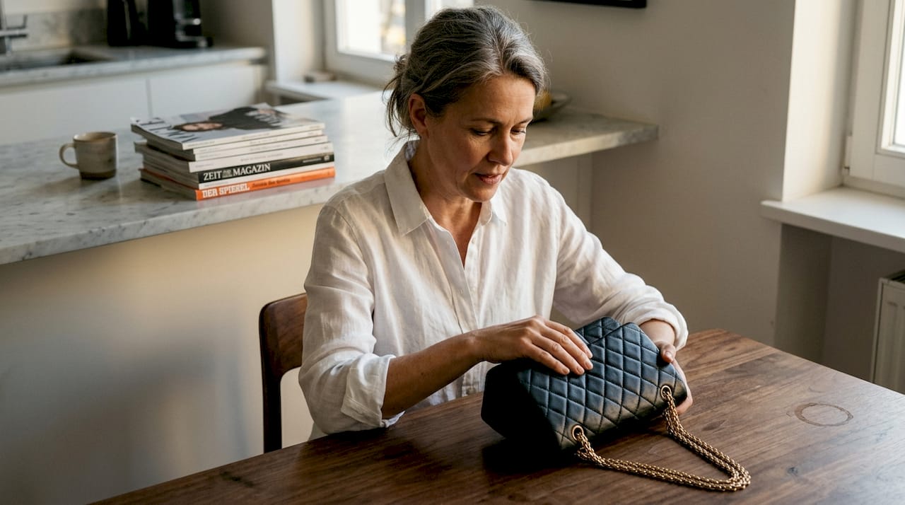 Eine Frau betrachtet aufmerksam das zeitlose Design von Chanel.