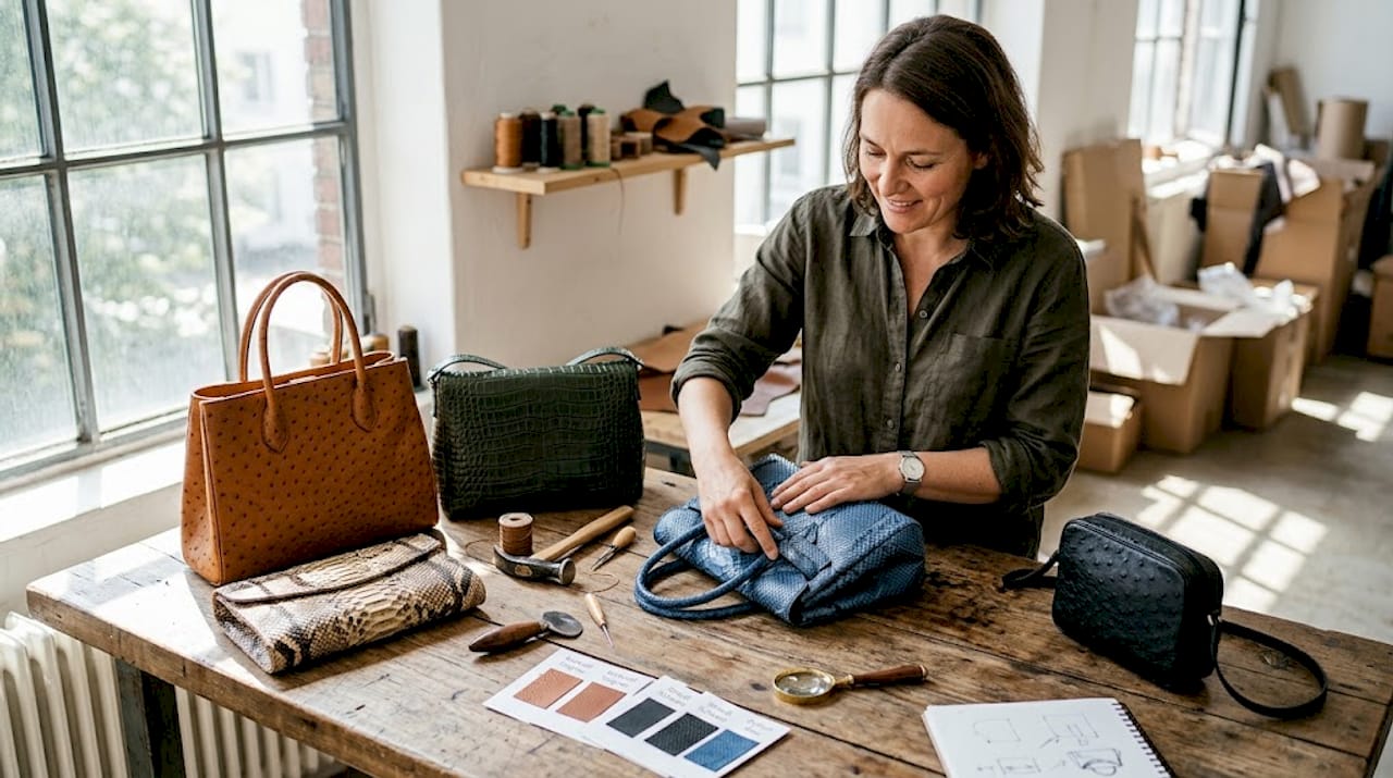 Ein Handwerksmeister prüft sorgfältig exklusive Lederhandtaschen auf Qualität und Verarbeitung.
