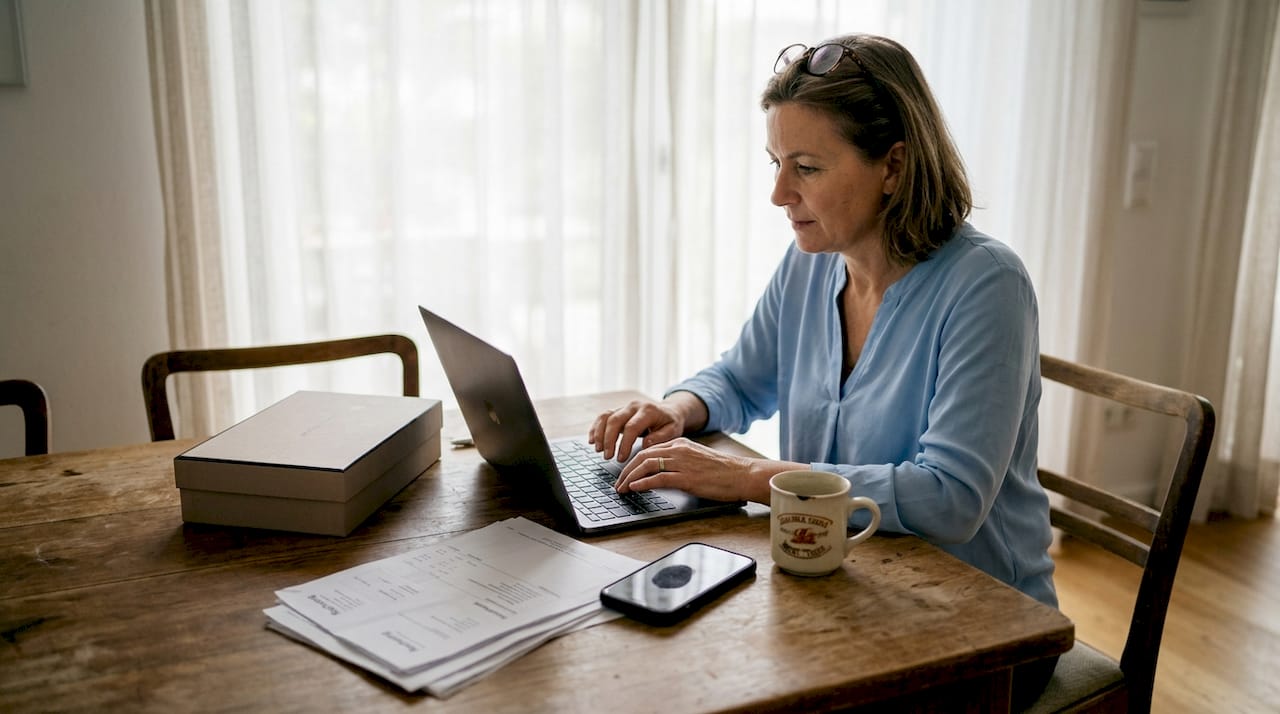 Eine Frau sitzt zu Hause und geht ihre Kassenbelege von exklusiven Einkäufen durch.