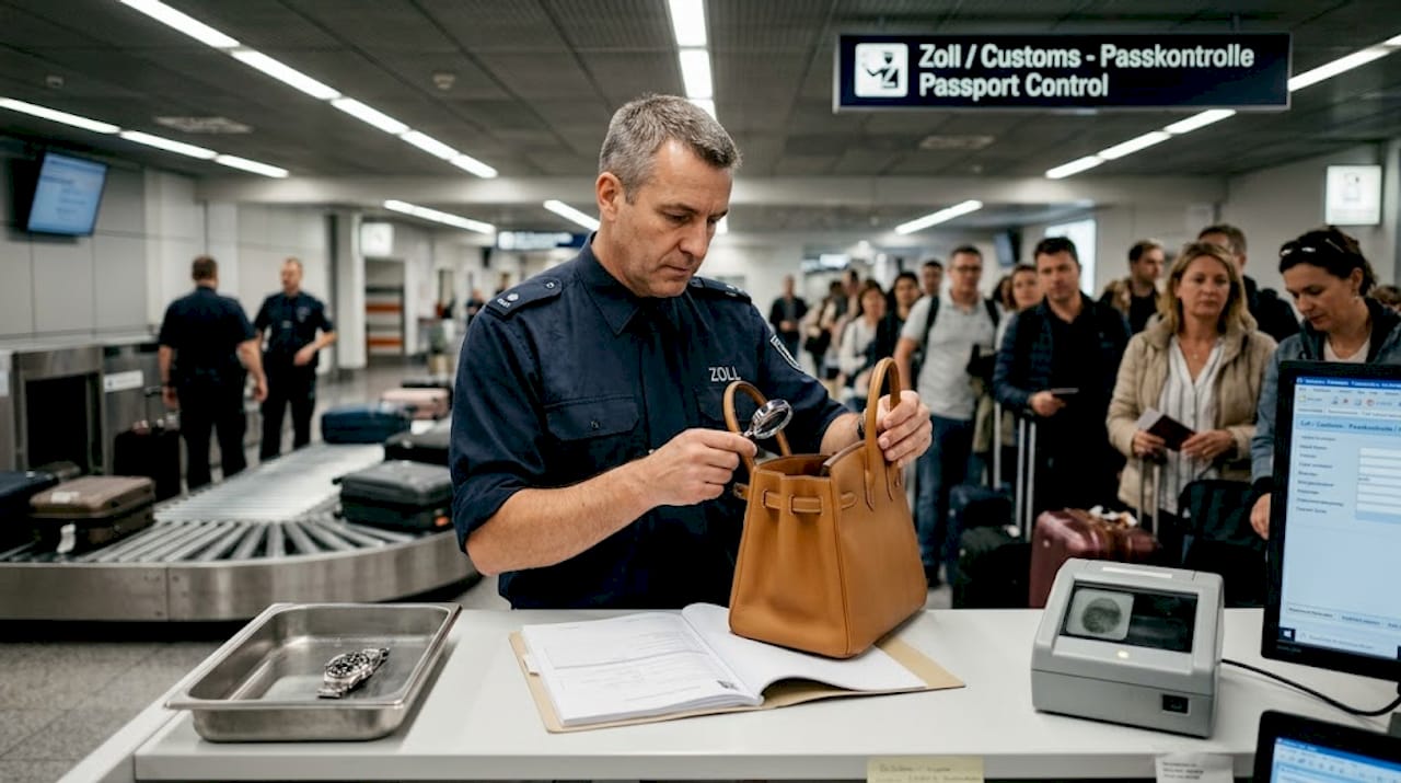 Ein Zollbeamter prüft Luxusartikel auf ihre Echtheit.