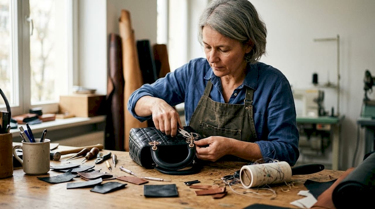 Ein Kunsthandwerker fertigt eine Dior-Tasche mit höchster Präzision an seinem Arbeitstisch.