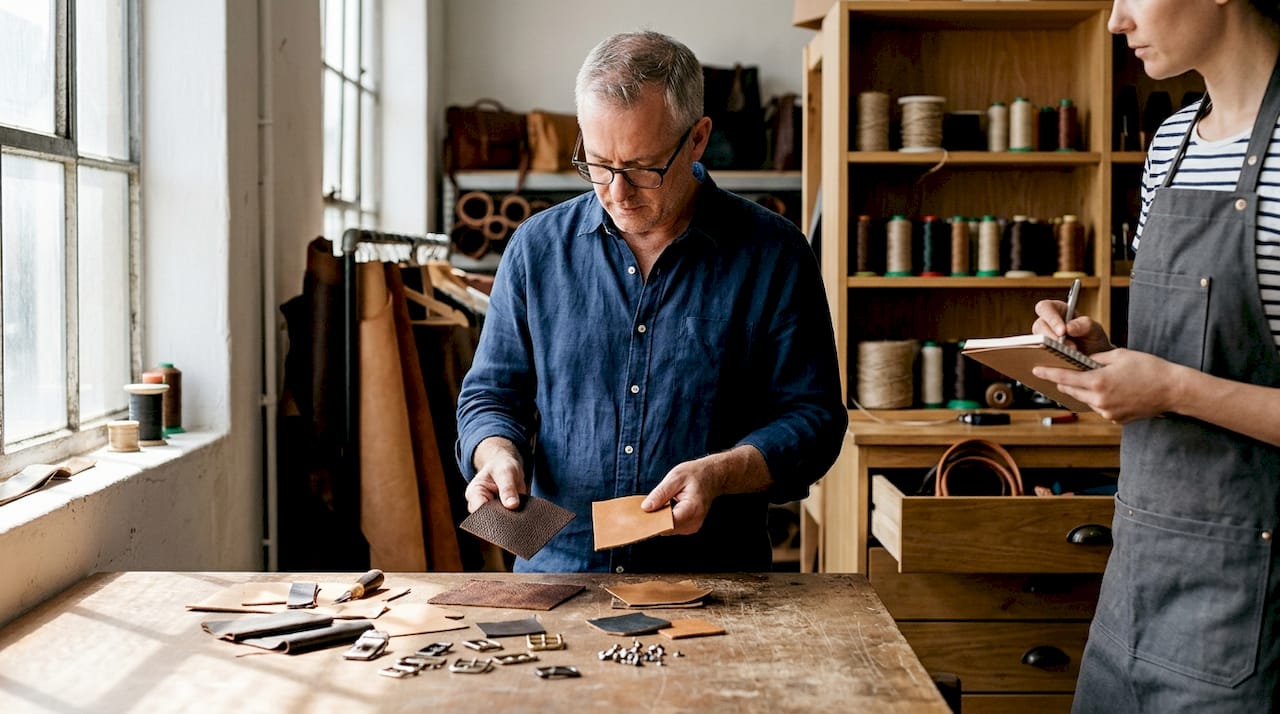 Ein Kunde sucht sich hochwertige Materialien für seine exklusive Tasche aus.