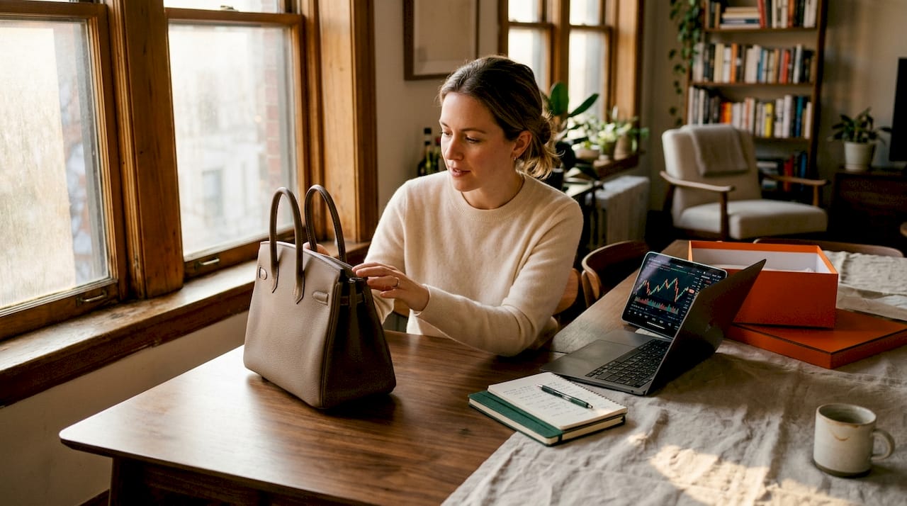 Eine Frau begutachtet aufmerksam eine exklusive Handtasche aus einer limitierten Kollektion.
