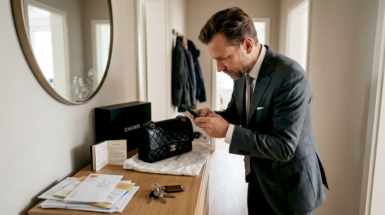 Ein Mann erfasst eine Chanel-Handtasche in seinem Inventar, um den Wert im Blick zu behalten.