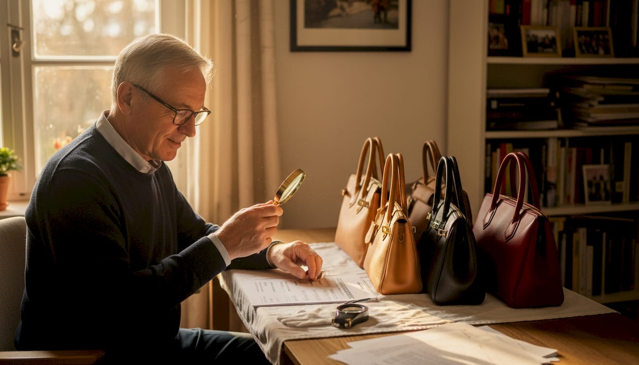 Ein Mann nimmt verschiedene Designer-Handtaschen genau unter die Lupe und vergleicht sie miteinander.