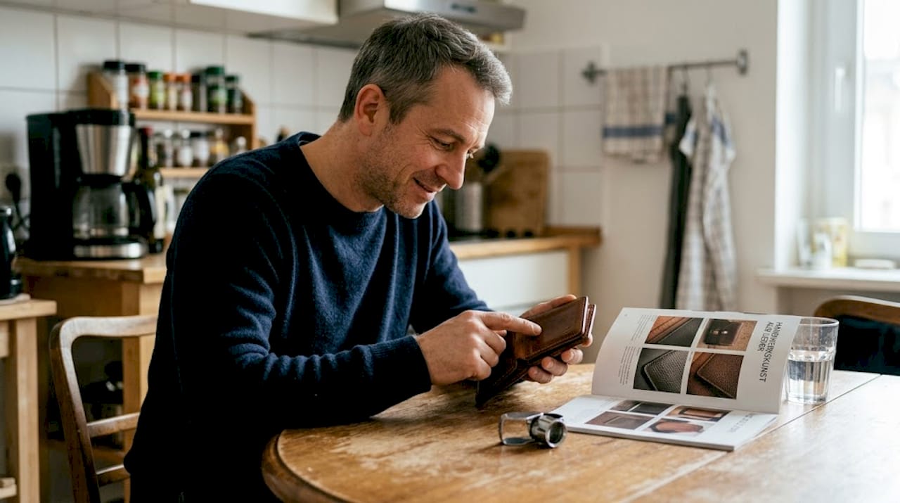 Ein Mann prüft die Qualität des Leders einer hochwertigen Geldbörse.