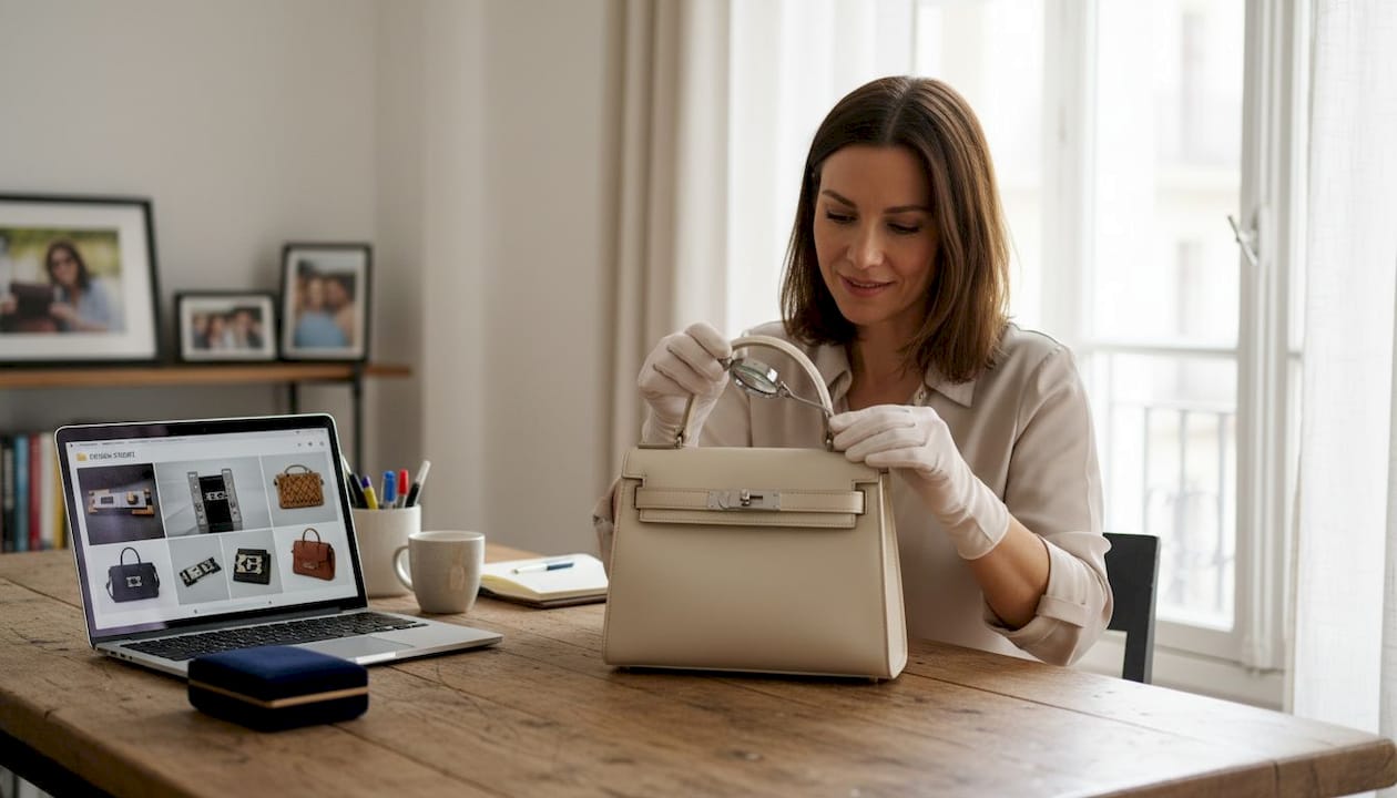 Eine Frau prüft in ihrem Büro die Echtheit einer Luxushandtasche.
