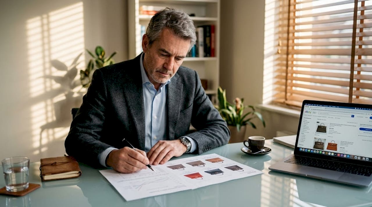 Mann informiert sich über den aktuellen Marktwert von Hermès-Taschen