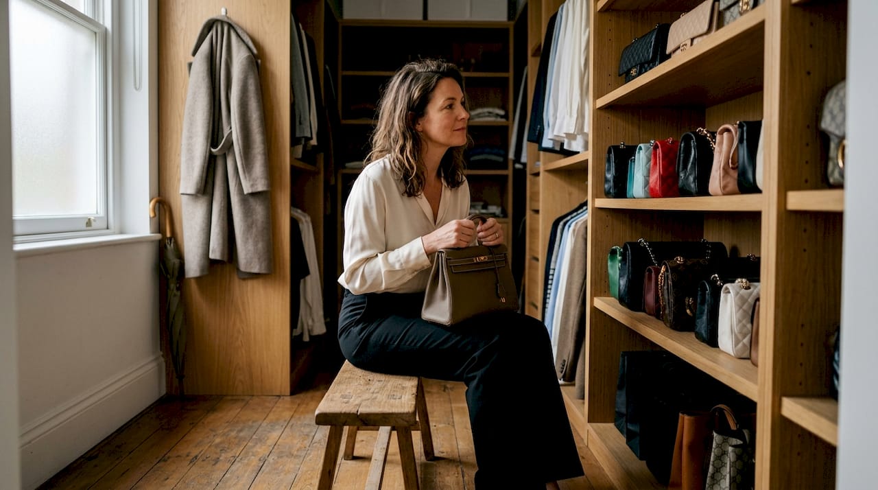 Eine Frau steht vor ihrem Kleiderschrank und betrachtet voller Bewunderung ihre Hermès Kelly Bag.