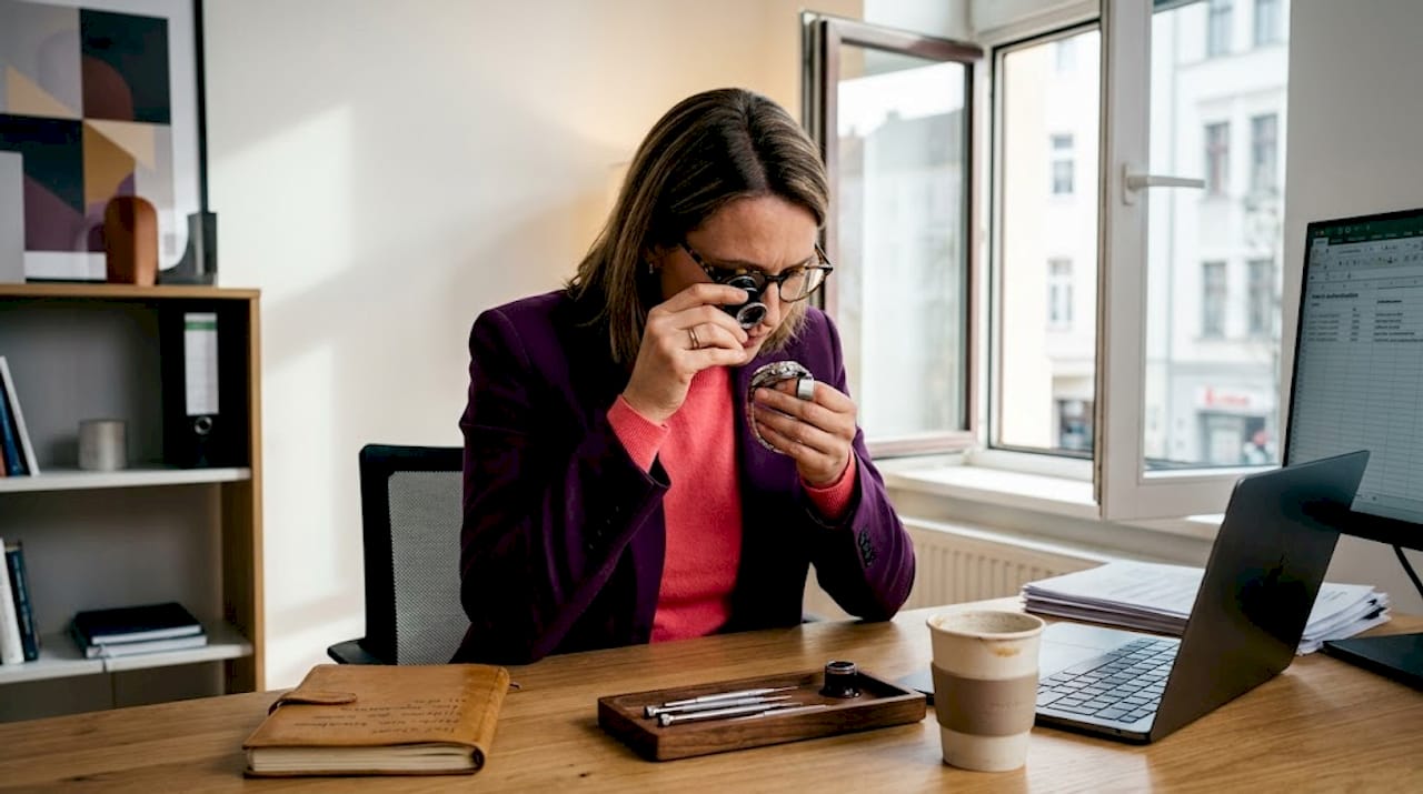 Ein Uhrenspezialist begutachtet eine hochwertige Armbanduhr an seinem Schreibtisch.