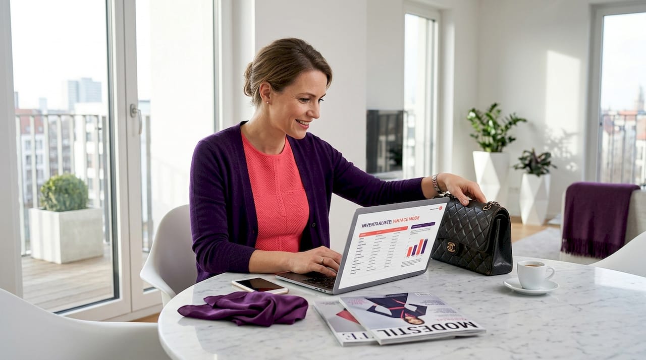 Eine Frau begutachtet ihre Designer-Handtasche am Esstisch.