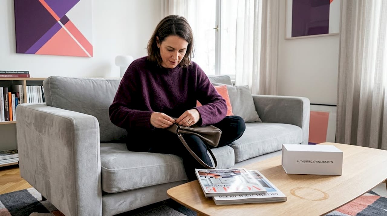 Im Wohnzimmer begutachtet eine Frau eine luxuriöse Secondhand-Handtasche.