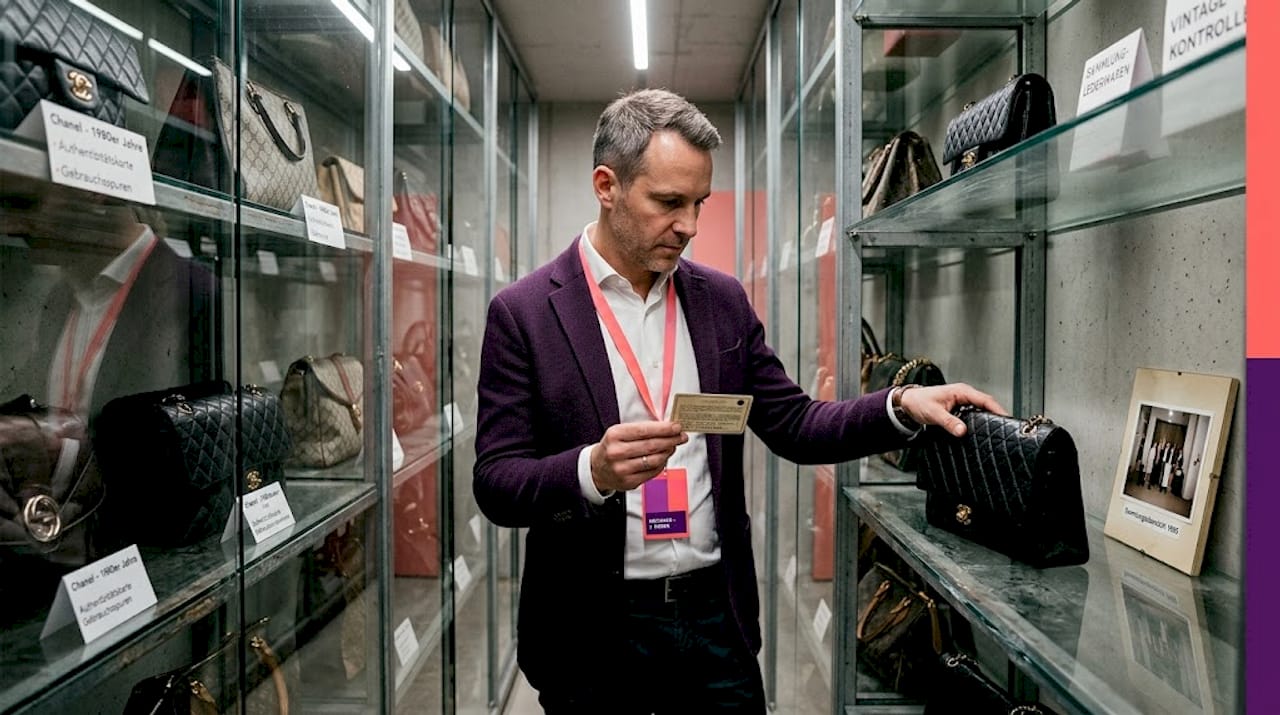 Ein Sammler prüft sorgfältig die Tasche und die zugehörige Echtheitskarte.