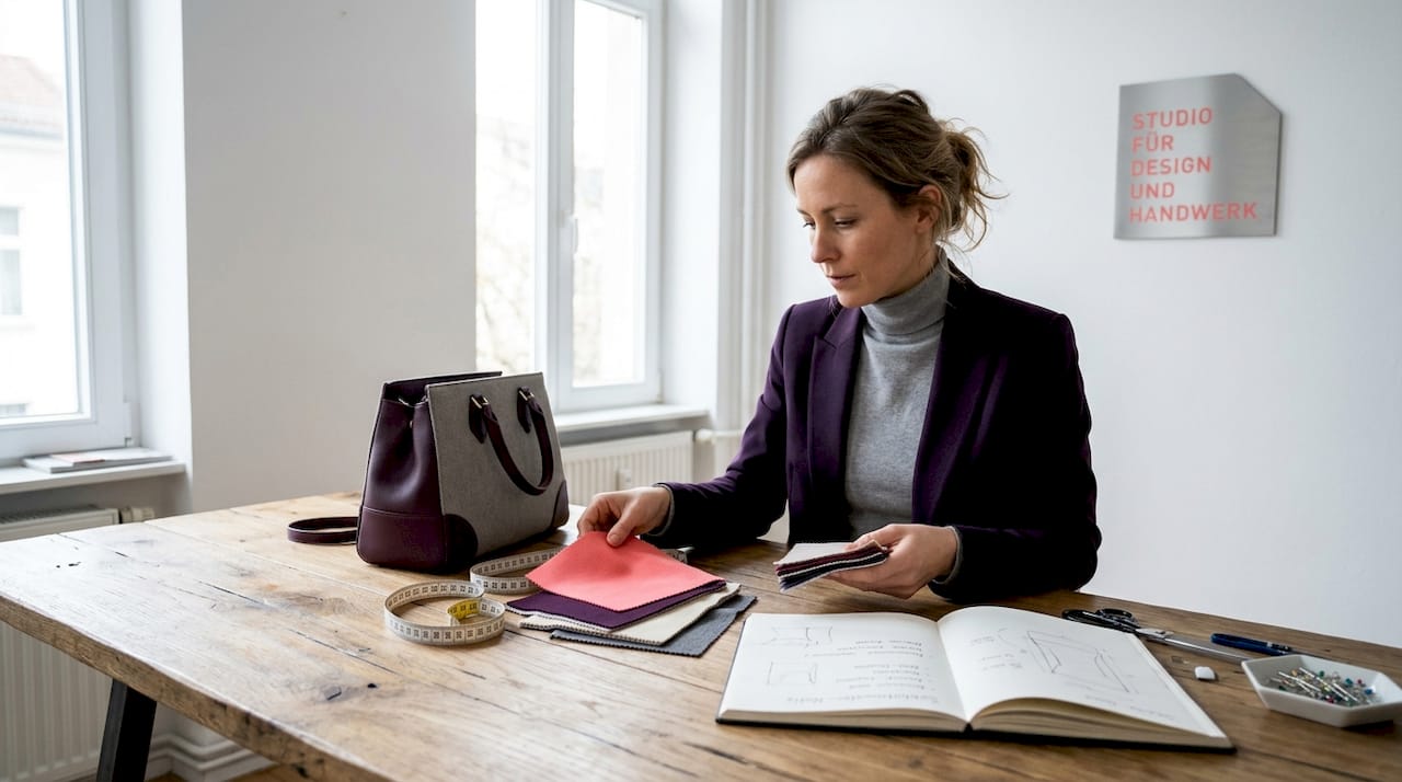 Ein Designer begutachtet Stoffmuster in einem exklusiven Atelier.