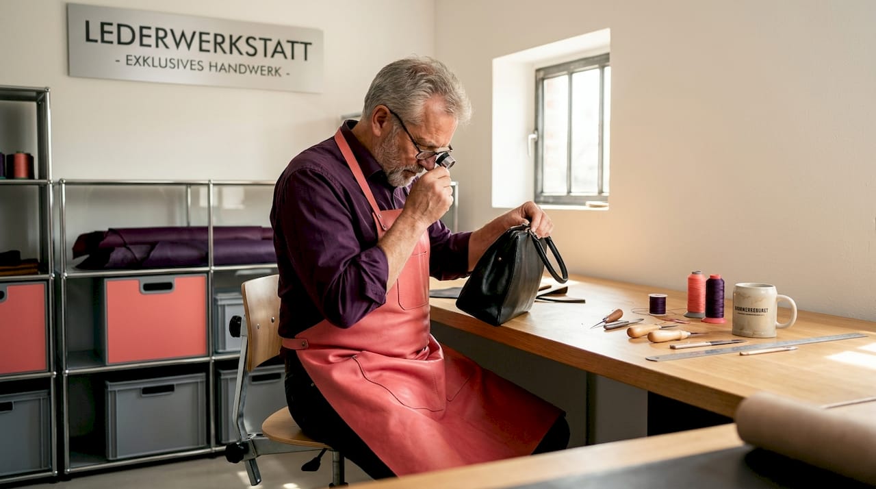 Ein erfahrener Handwerksmeister begutachtet eine Ledertasche, die vor ihm auf dem Tisch liegt.