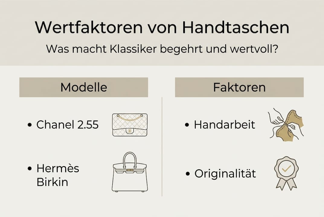 Schlichte Infografik: Die wichtigsten Wertfaktoren bei Handtaschen