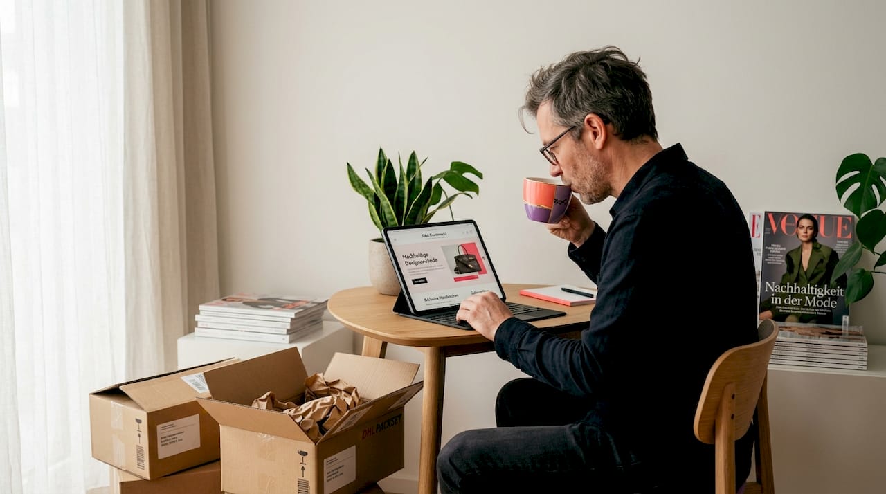 Ein Mann stöbert gemütlich von zu Hause aus online nach Secondhand-Designerstücken.