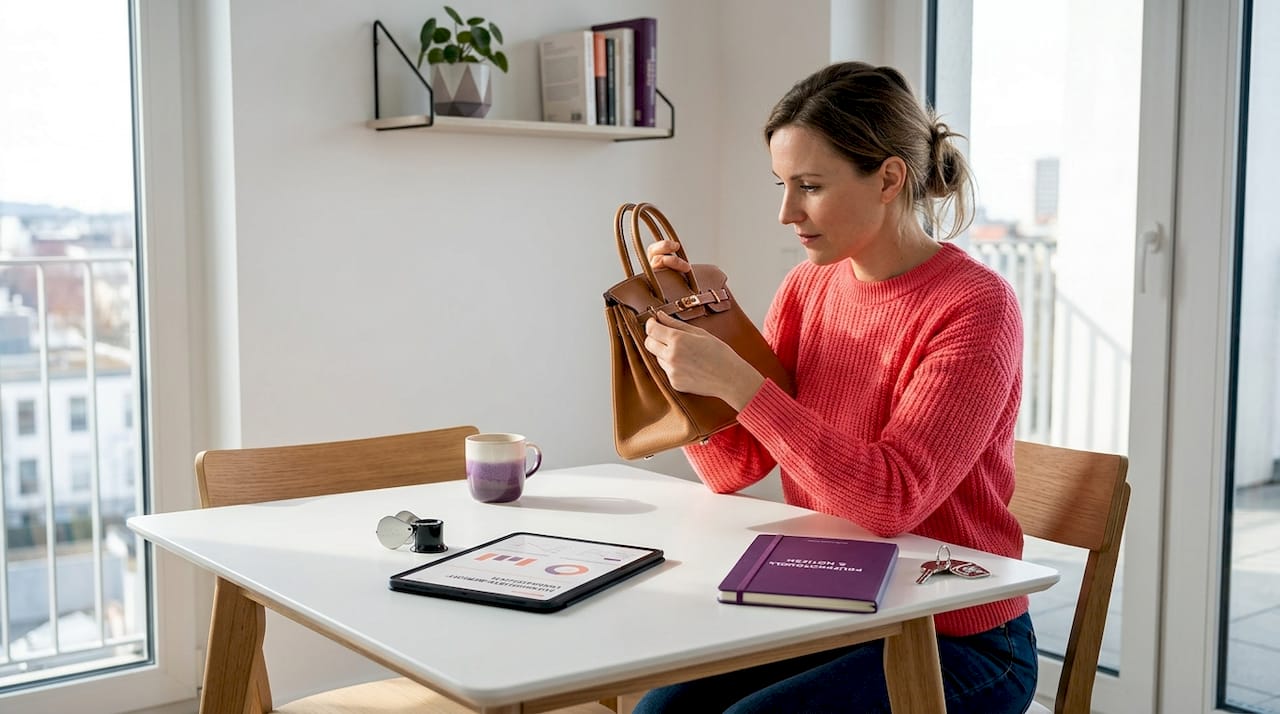 Eine Frau begutachtet eine Designertasche an ihrem Esstisch zu Hause.
