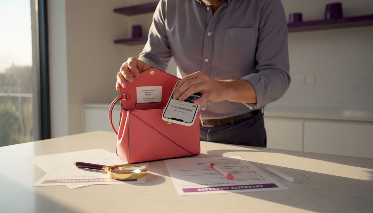 Ein Mann prüft die Seriennummer seiner Handtasche mit dem Smartphone.